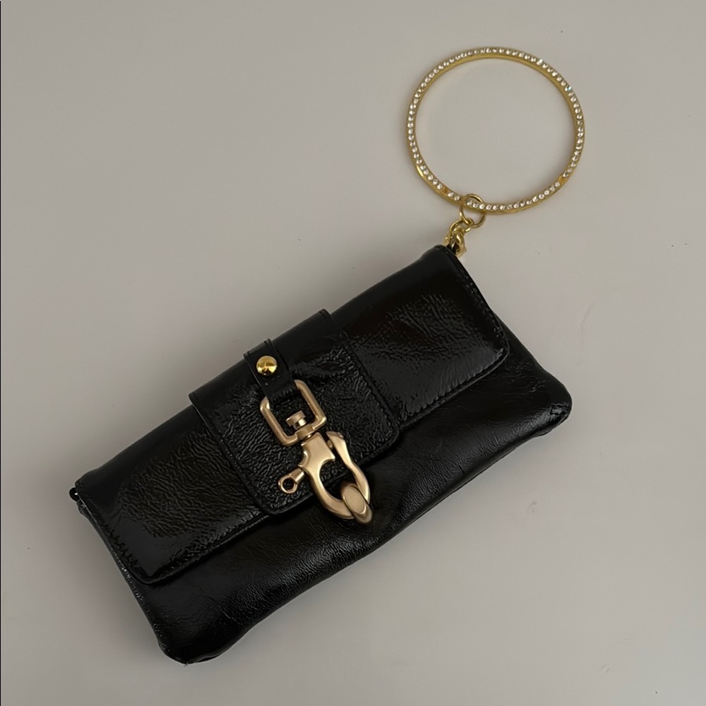 Black Faux Leather Clutch with Gold Ring (Wrist/Shoulder strap included)